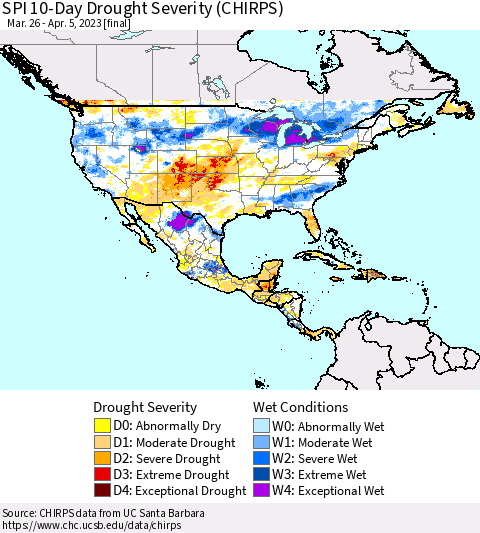 North America SPI 10-Day Drought Severity (CHIRPS) Thematic Map For 3/26/2023 - 4/5/2023