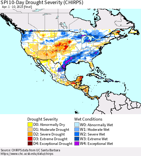 North America SPI 10-Day Drought Severity (CHIRPS) Thematic Map For 4/1/2023 - 4/10/2023