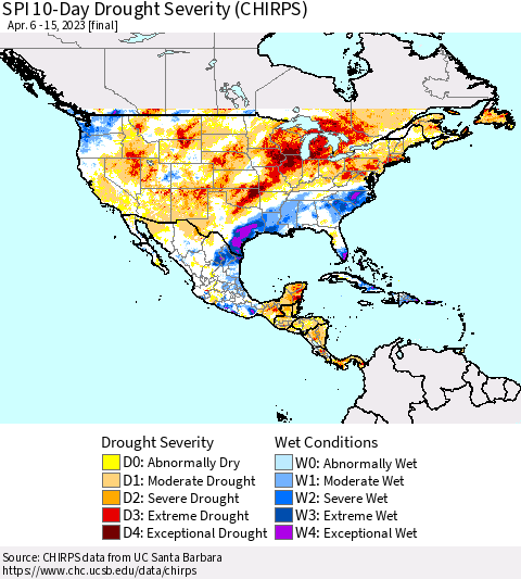 North America SPI 10-Day Drought Severity (CHIRPS) Thematic Map For 4/6/2023 - 4/15/2023