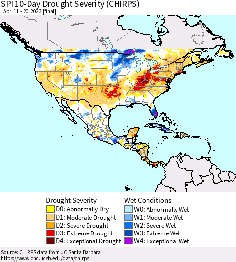 North America SPI 10-Day Drought Severity (CHIRPS) Thematic Map For 4/11/2023 - 4/20/2023
