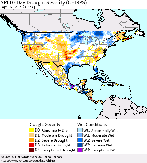 North America SPI 10-Day Drought Severity (CHIRPS) Thematic Map For 4/16/2023 - 4/25/2023