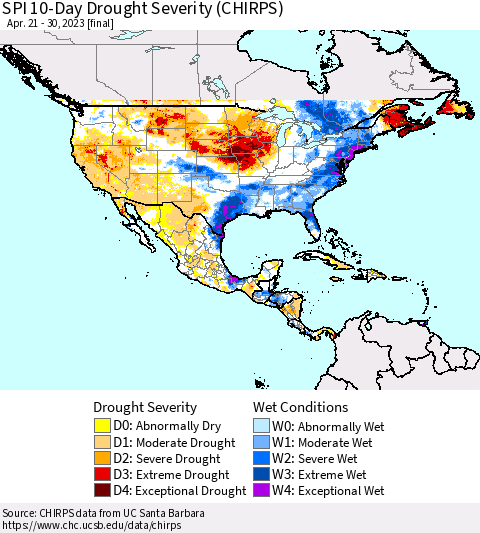 North America SPI 10-Day Drought Severity (CHIRPS) Thematic Map For 4/21/2023 - 4/30/2023