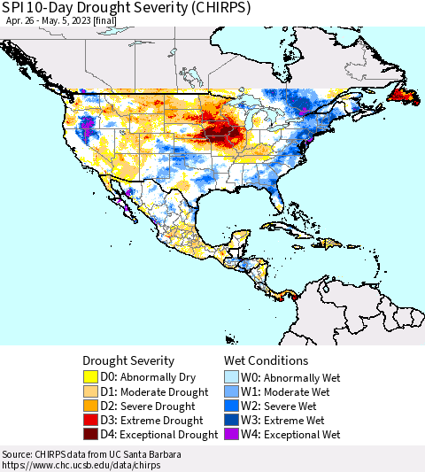 North America SPI 10-Day Drought Severity (CHIRPS) Thematic Map For 4/26/2023 - 5/5/2023