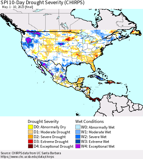 North America SPI 10-Day Drought Severity (CHIRPS) Thematic Map For 5/1/2023 - 5/10/2023