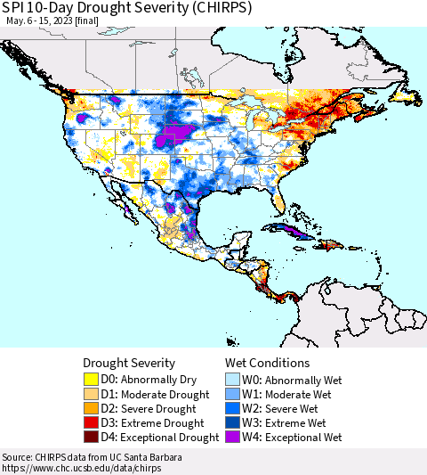 North America SPI 10-Day Drought Severity (CHIRPS) Thematic Map For 5/6/2023 - 5/15/2023