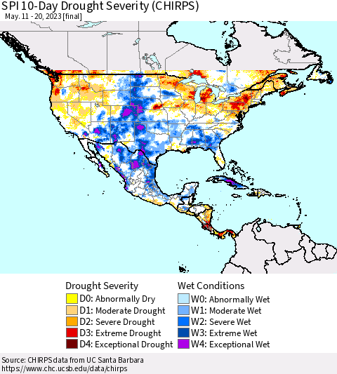 North America SPI 10-Day Drought Severity (CHIRPS) Thematic Map For 5/11/2023 - 5/20/2023