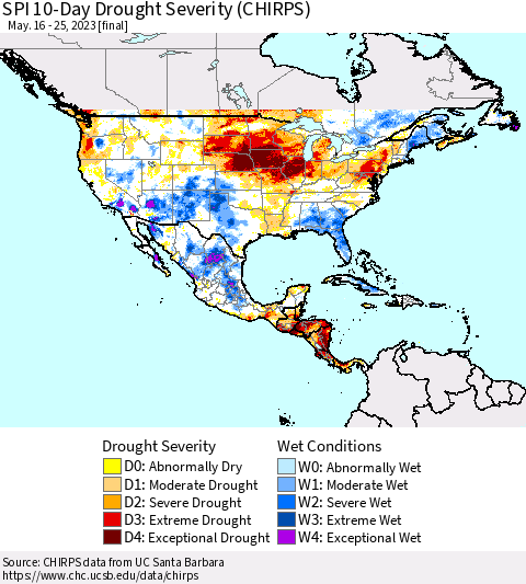 North America SPI 10-Day Drought Severity (CHIRPS) Thematic Map For 5/16/2023 - 5/25/2023