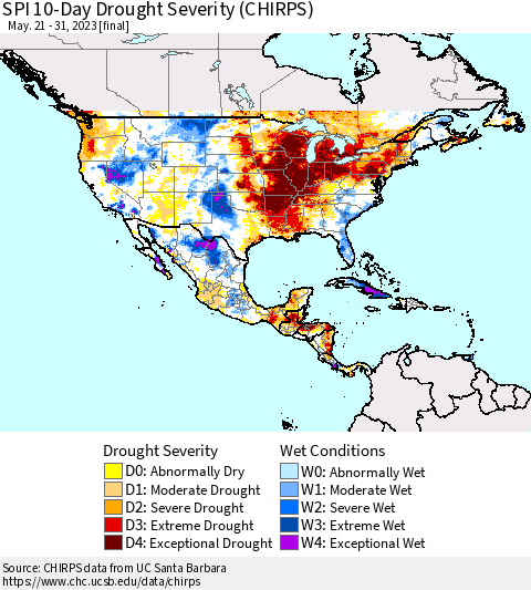 North America SPI 10-Day Drought Severity (CHIRPS) Thematic Map For 5/21/2023 - 5/31/2023