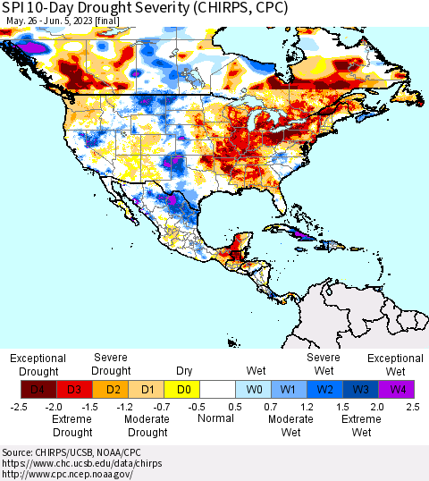 North America SPI 10-Day Drought Severity (CHIRPS) Thematic Map For 5/26/2023 - 6/5/2023