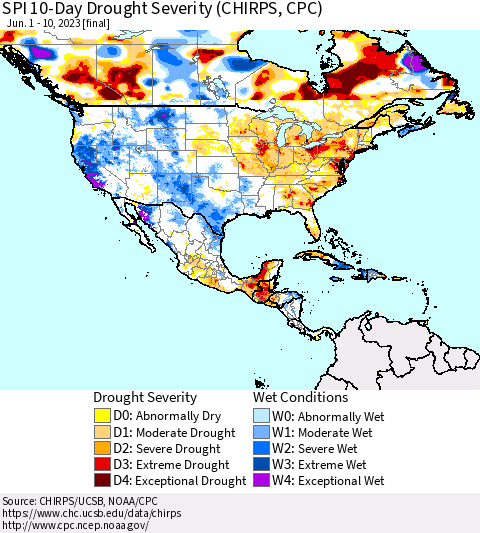 North America SPI 10-Day Drought Severity (CHIRPS) Thematic Map For 6/1/2023 - 6/10/2023