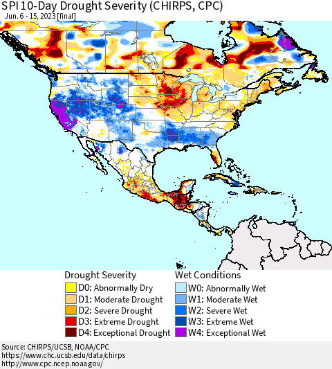 North America SPI 10-Day Drought Severity (CHIRPS) Thematic Map For 6/6/2023 - 6/15/2023