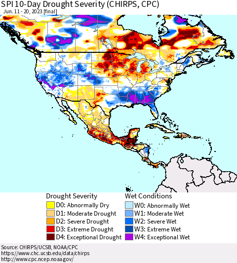 North America SPI 10-Day Drought Severity (CHIRPS) Thematic Map For 6/11/2023 - 6/20/2023