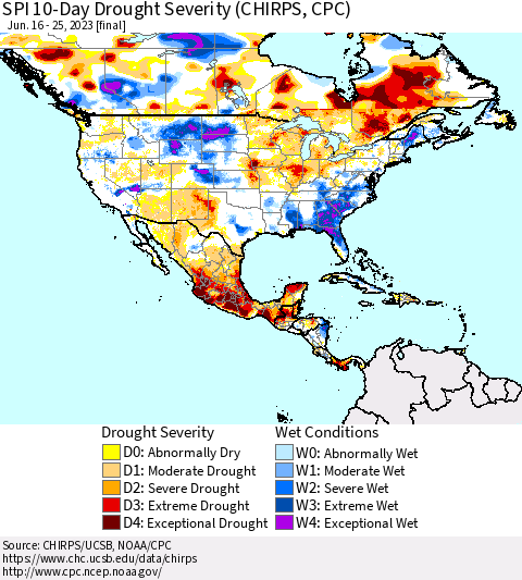 North America SPI 10-Day Drought Severity (CHIRPS) Thematic Map For 6/16/2023 - 6/25/2023