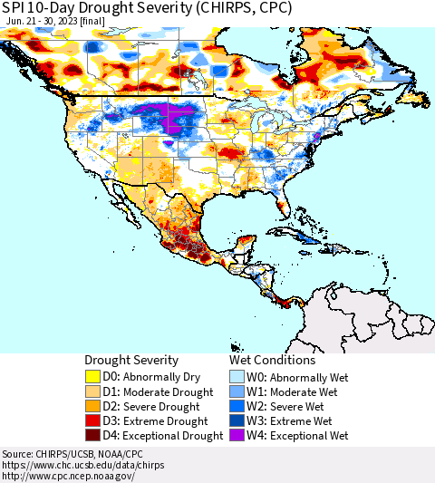 North America SPI 10-Day Drought Severity (CHIRPS) Thematic Map For 6/21/2023 - 6/30/2023