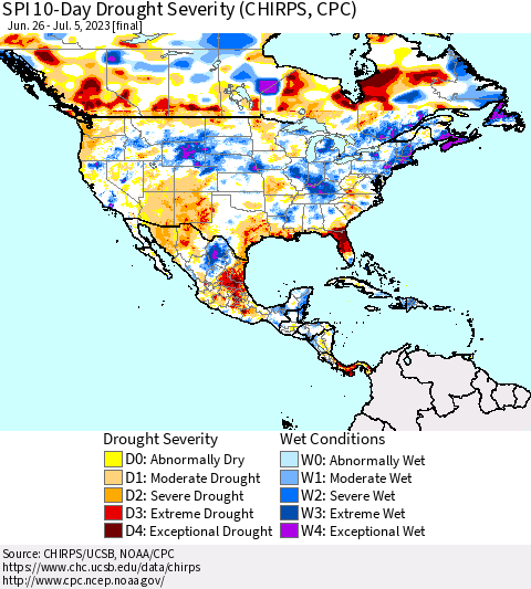 North America SPI 10-Day Drought Severity (CHIRPS) Thematic Map For 6/26/2023 - 7/5/2023