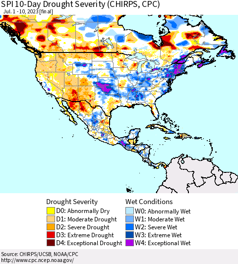 North America SPI 10-Day Drought Severity (CHIRPS) Thematic Map For 7/1/2023 - 7/10/2023