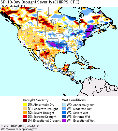 North America SPI 10-Day Drought Severity (CHIRPS) Thematic Map For 7/6/2023 - 7/15/2023
