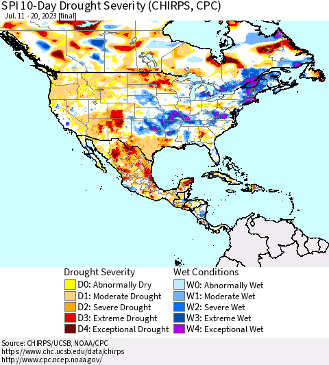 North America SPI 10-Day Drought Severity (CHIRPS) Thematic Map For 7/11/2023 - 7/20/2023