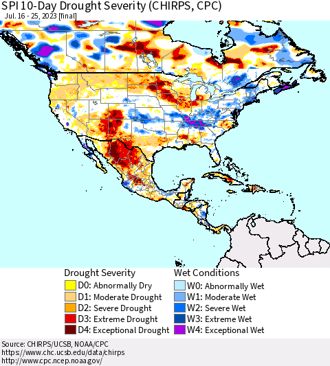 North America SPI 10-Day Drought Severity (CHIRPS) Thematic Map For 7/16/2023 - 7/25/2023