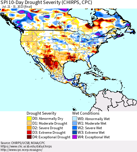 North America SPI 10-Day Drought Severity (CHIRPS) Thematic Map For 7/21/2023 - 7/31/2023