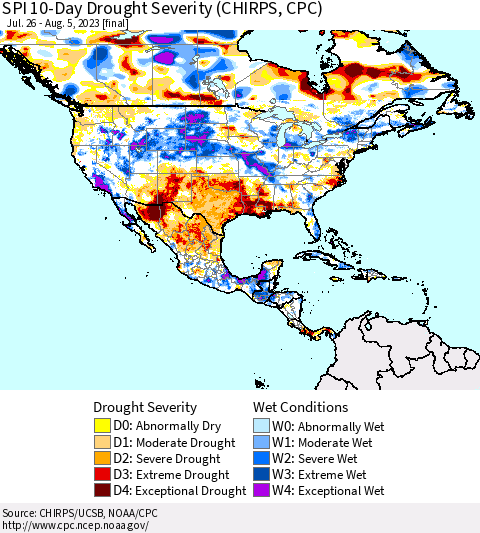 North America SPI 10-Day Drought Severity (CHIRPS) Thematic Map For 7/26/2023 - 8/5/2023