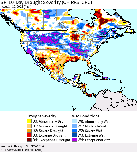 North America SPI 10-Day Drought Severity (CHIRPS) Thematic Map For 8/1/2023 - 8/10/2023