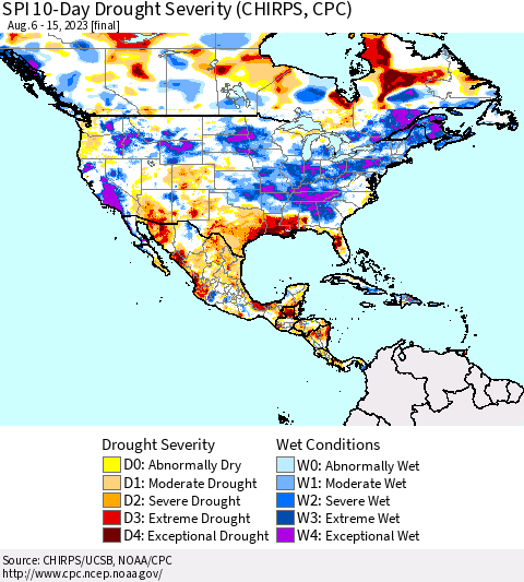 North America SPI 10-Day Drought Severity (CHIRPS) Thematic Map For 8/6/2023 - 8/15/2023