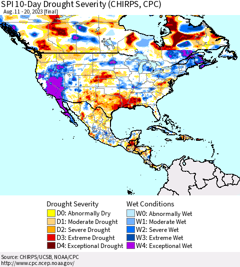 North America SPI 10-Day Drought Severity (CHIRPS) Thematic Map For 8/11/2023 - 8/20/2023