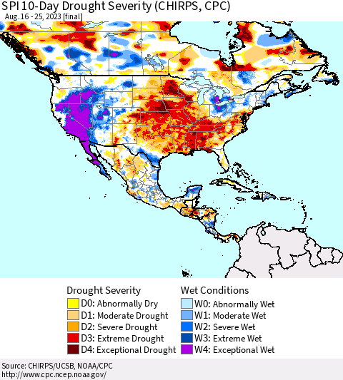 North America SPI 10-Day Drought Severity (CHIRPS) Thematic Map For 8/16/2023 - 8/25/2023