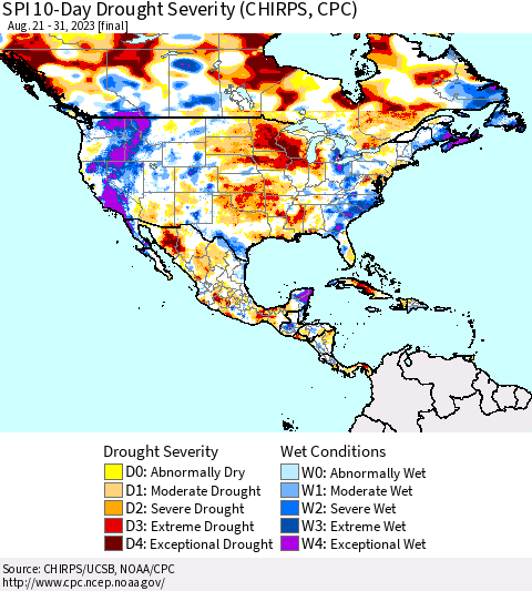 North America SPI 10-Day Drought Severity (CHIRPS) Thematic Map For 8/21/2023 - 8/31/2023