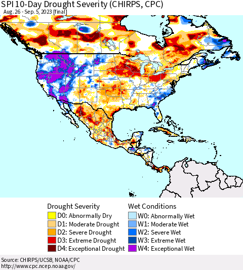 North America SPI 10-Day Drought Severity (CHIRPS) Thematic Map For 8/26/2023 - 9/5/2023
