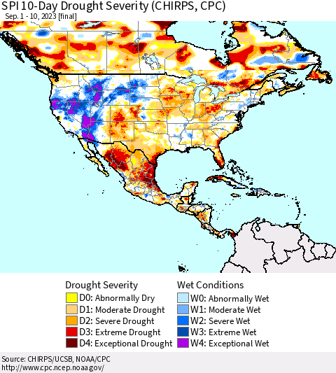 North America SPI 10-Day Drought Severity (CHIRPS) Thematic Map For 9/1/2023 - 9/10/2023