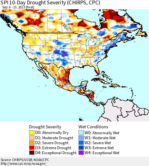 North America SPI 10-Day Drought Severity (CHIRPS) Thematic Map For 9/6/2023 - 9/15/2023