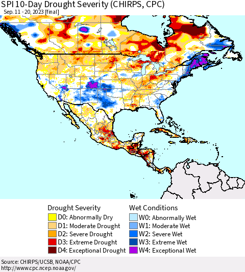 North America SPI 10-Day Drought Severity (CHIRPS) Thematic Map For 9/11/2023 - 9/20/2023