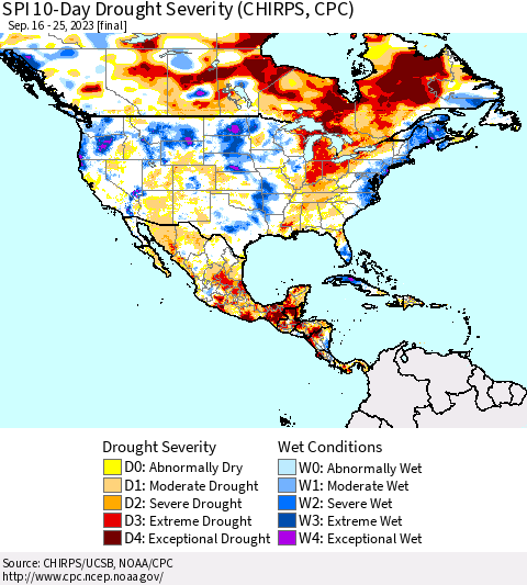 North America SPI 10-Day Drought Severity (CHIRPS) Thematic Map For 9/16/2023 - 9/25/2023