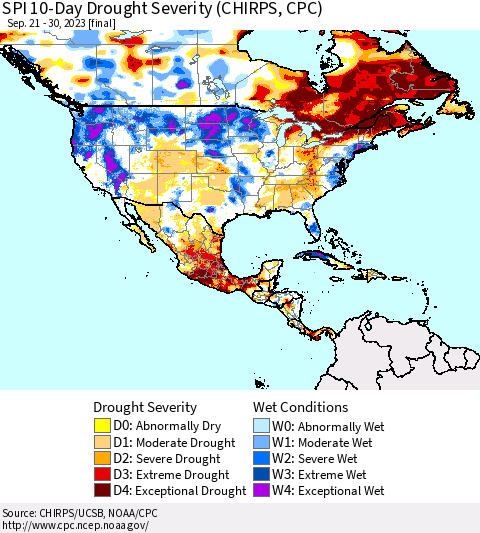 North America SPI 10-Day Drought Severity (CHIRPS) Thematic Map For 9/21/2023 - 9/30/2023