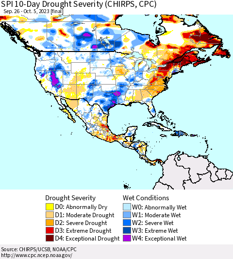 North America SPI 10-Day Drought Severity (CHIRPS) Thematic Map For 9/26/2023 - 10/5/2023