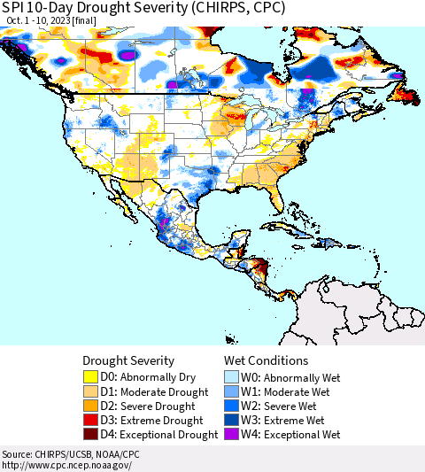 North America SPI 10-Day Drought Severity (CHIRPS) Thematic Map For 10/1/2023 - 10/10/2023