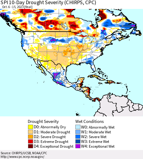 North America SPI 10-Day Drought Severity (CHIRPS) Thematic Map For 10/6/2023 - 10/15/2023