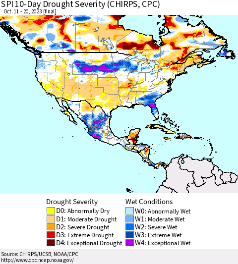North America SPI 10-Day Drought Severity (CHIRPS) Thematic Map For 10/11/2023 - 10/20/2023