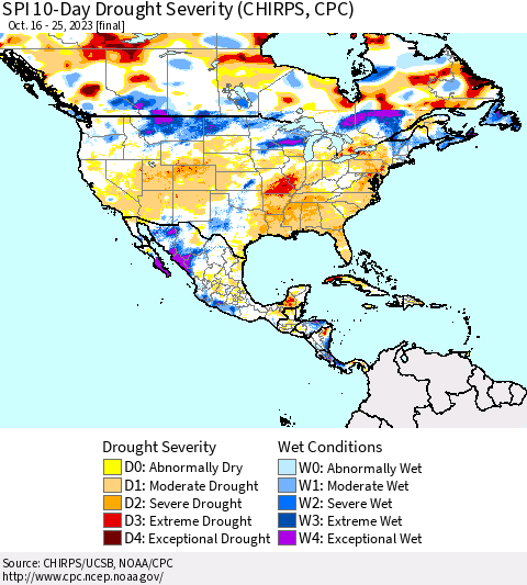 North America SPI 10-Day Drought Severity (CHIRPS) Thematic Map For 10/16/2023 - 10/25/2023