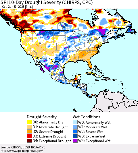 North America SPI 10-Day Drought Severity (CHIRPS) Thematic Map For 10/21/2023 - 10/31/2023