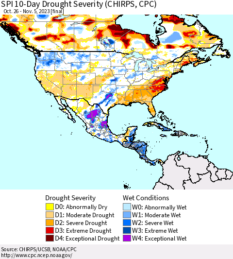 North America SPI 10-Day Drought Severity (CHIRPS) Thematic Map For 10/26/2023 - 11/5/2023