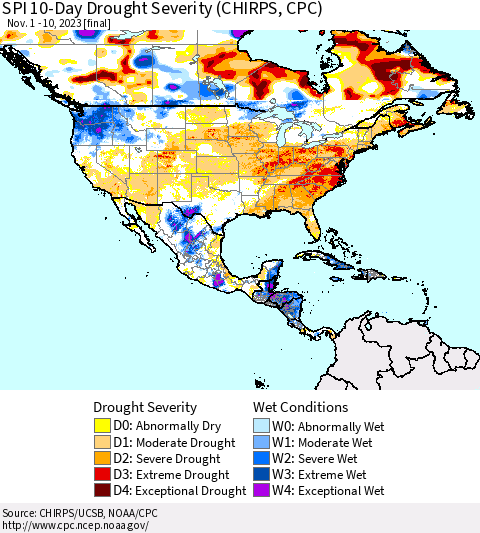 North America SPI 10-Day Drought Severity (CHIRPS) Thematic Map For 11/1/2023 - 11/10/2023