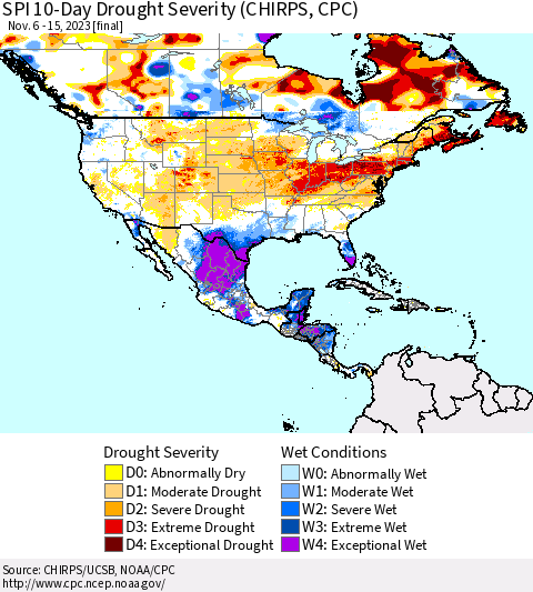 North America SPI 10-Day Drought Severity (CHIRPS) Thematic Map For 11/6/2023 - 11/15/2023