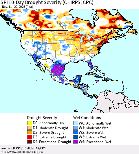 North America SPI 10-Day Drought Severity (CHIRPS) Thematic Map For 11/11/2023 - 11/20/2023