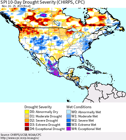 North America SPI 10-Day Drought Severity (CHIRPS) Thematic Map For 11/16/2023 - 11/25/2023