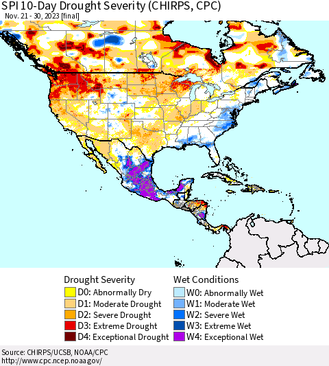 North America SPI 10-Day Drought Severity (CHIRPS) Thematic Map For 11/21/2023 - 11/30/2023