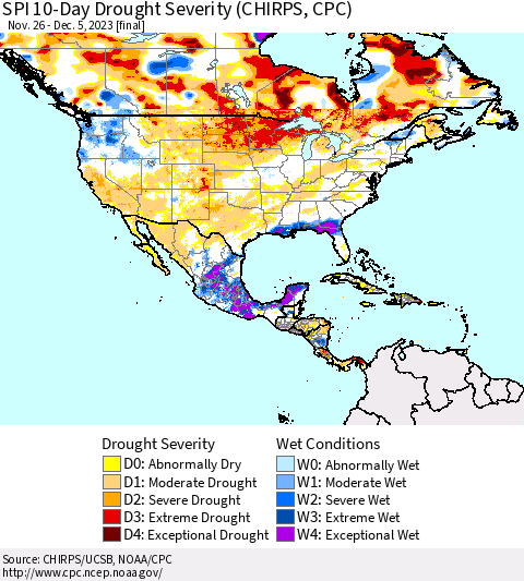 North America SPI 10-Day Drought Severity (CHIRPS) Thematic Map For 11/26/2023 - 12/5/2023