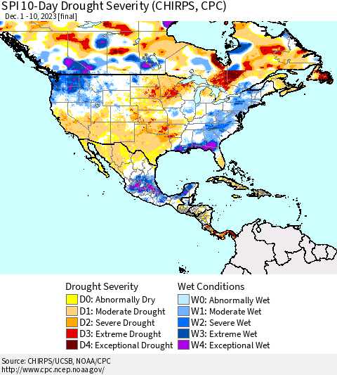 North America SPI 10-Day Drought Severity (CHIRPS) Thematic Map For 12/1/2023 - 12/10/2023